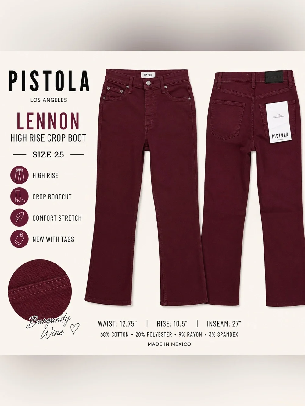 PISTOLA Lennon High Rise Crop Boot Jeans Burgundy Wine Size 25